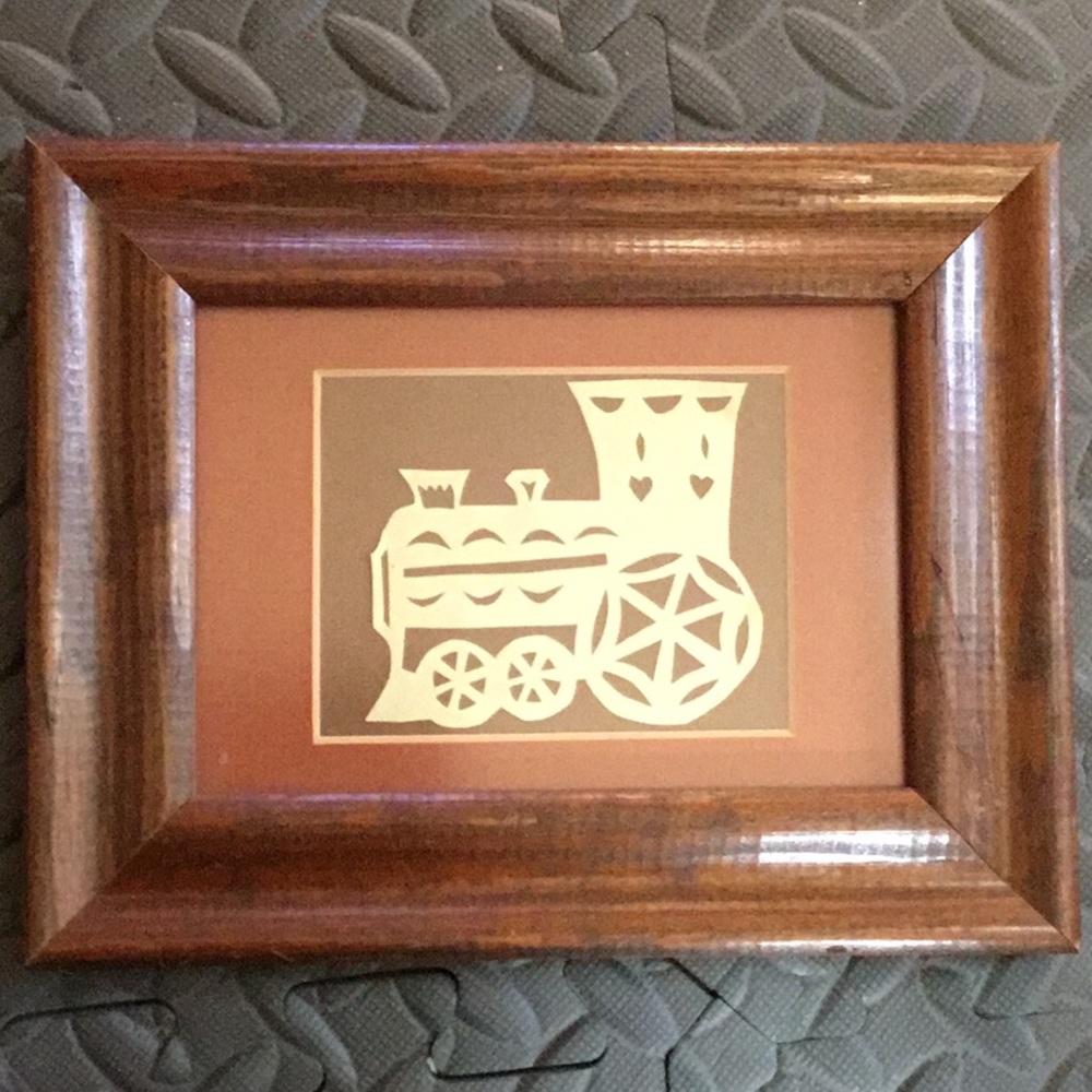 Framed cut paper art train engine approx 7 x 9”